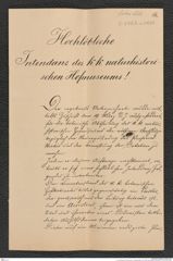 k.k. naturhistorisches Hofmuseum, Intendanzakten 1876-1884 (Hochstetter), Aktenzahl Z.278.A.a/1884, Seite 1